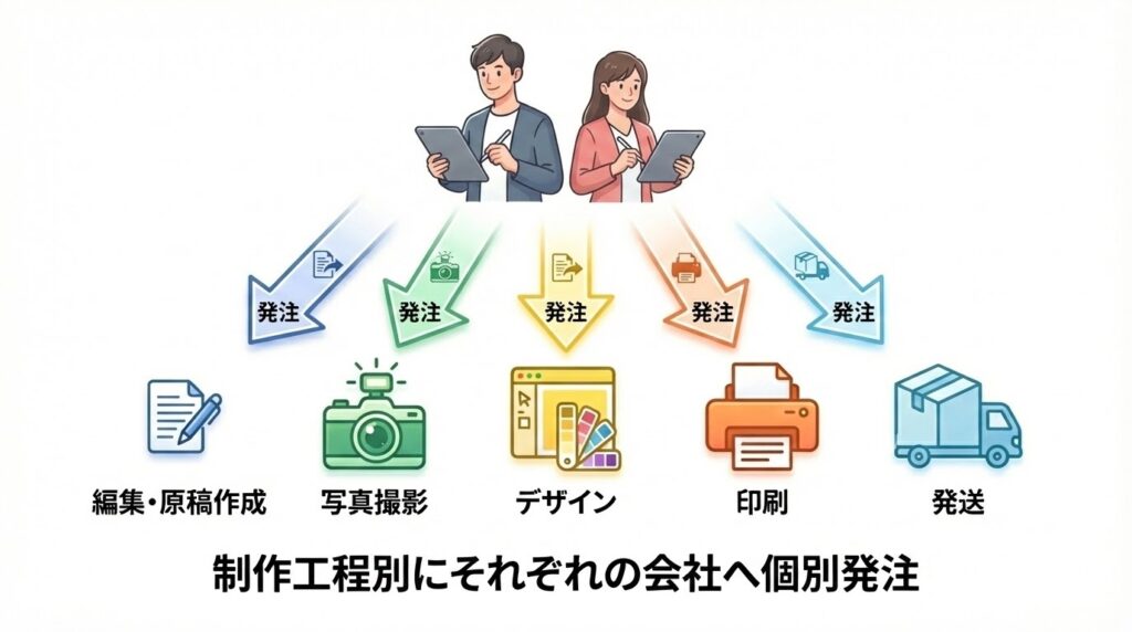 制作、印刷、発送とそれぞれ分離発注しているイメージ図