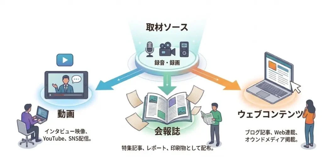 １ソースマルチユースとして、取材・撮影素材を各媒体へ展開するイメージ図