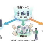１ソースマルチユースとして、取材・撮影素材を各媒体へ展開するイメージ図