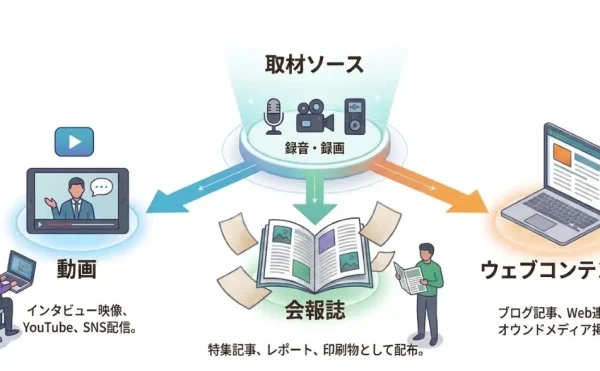１ソースマルチユースとして、取材・撮影素材を各媒体へ展開するイメージ図