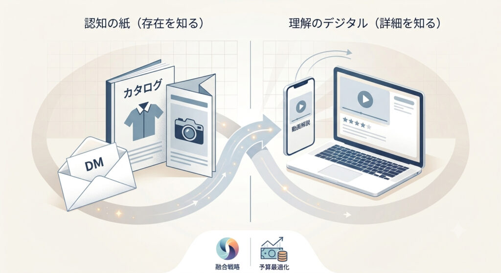紙での認知からデジタルでの理解へとつなげるマーケティングのフロー図